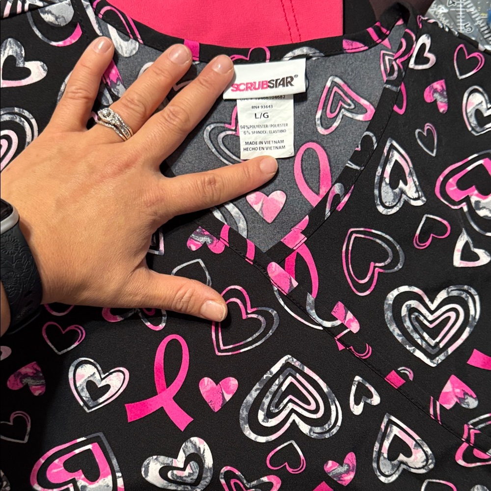 Scrubstar Black and Pink Heart Print Scrub Top